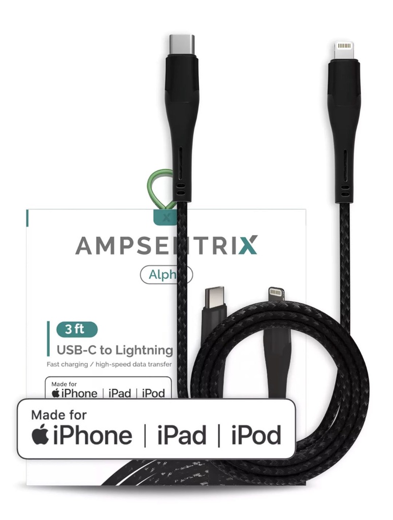 AmpSentrix 3 ft MFI Lightning To USB Type C Cable Black