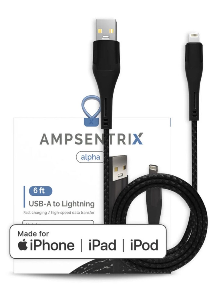 AmpSentrix 6 ft MFI Lightning To USB Type A Cable Black
