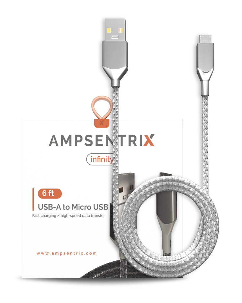AmpSentrix 6 ft Micro USB To USB Type A Cable Silver