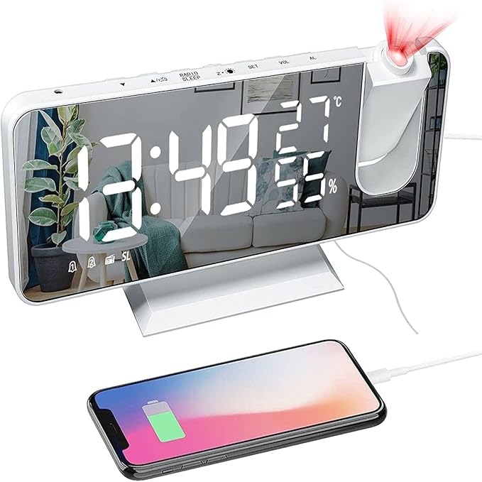 Petilleur Projection Alarm Clock - White