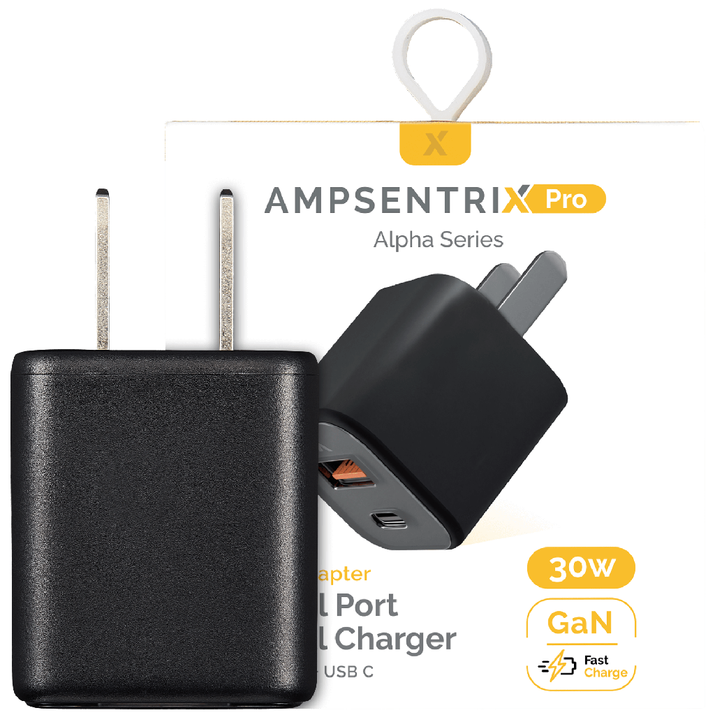 AmpSentrix Pro 30W Dual-Port Wall Charger (USB-C + USB-A) - Black