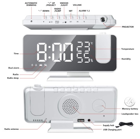 Petilleur Projection Alarm Clock - White