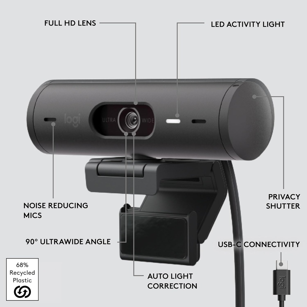 Logitech Brio 500 1080p HDR Webcam with Show mode  Graphite