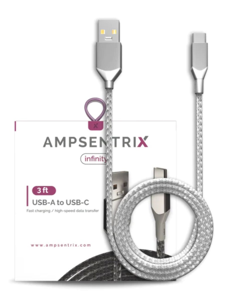 AmpSentrix USB-C to USB-A Cbl 3ft Silver
