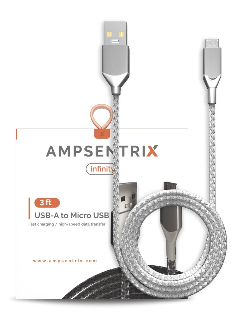 AmpSentrix Micro USB to USB-A 3ft Silver