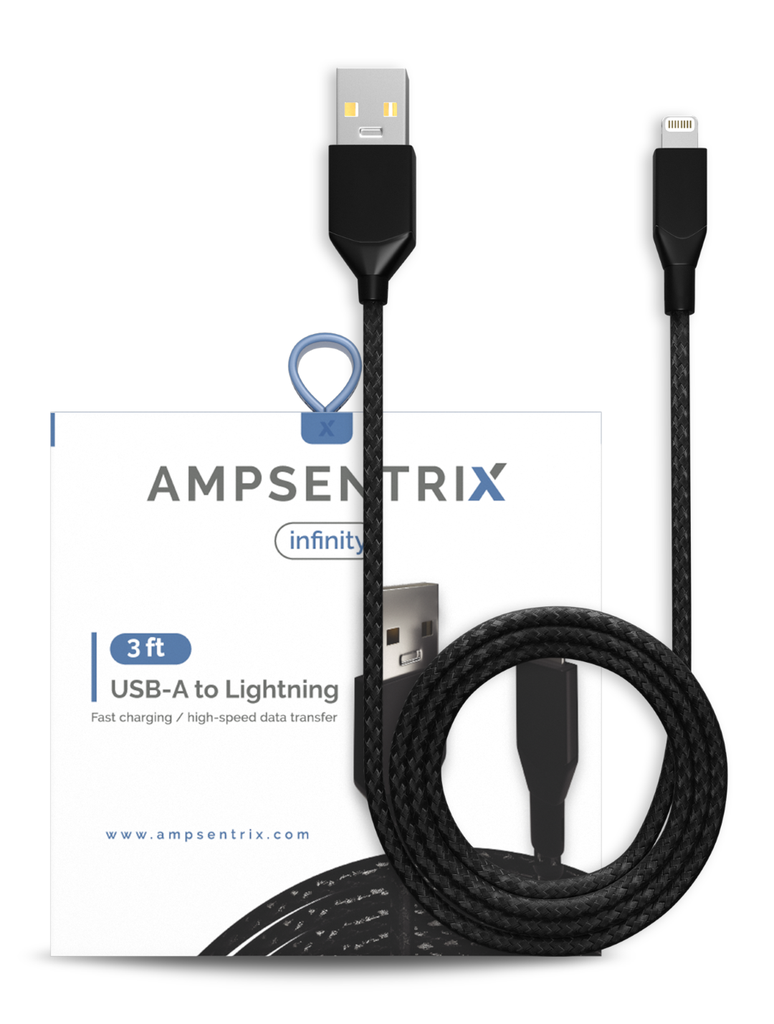 AmpSentrix 3 ft MFI Lightning To USB Type A Cable Black