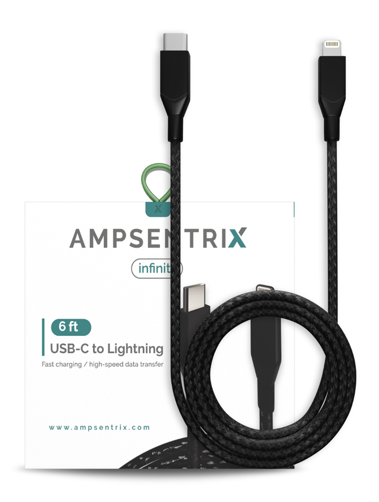 AmpSentrix 6 ft MFI Lightning To USB Type C Cable Black