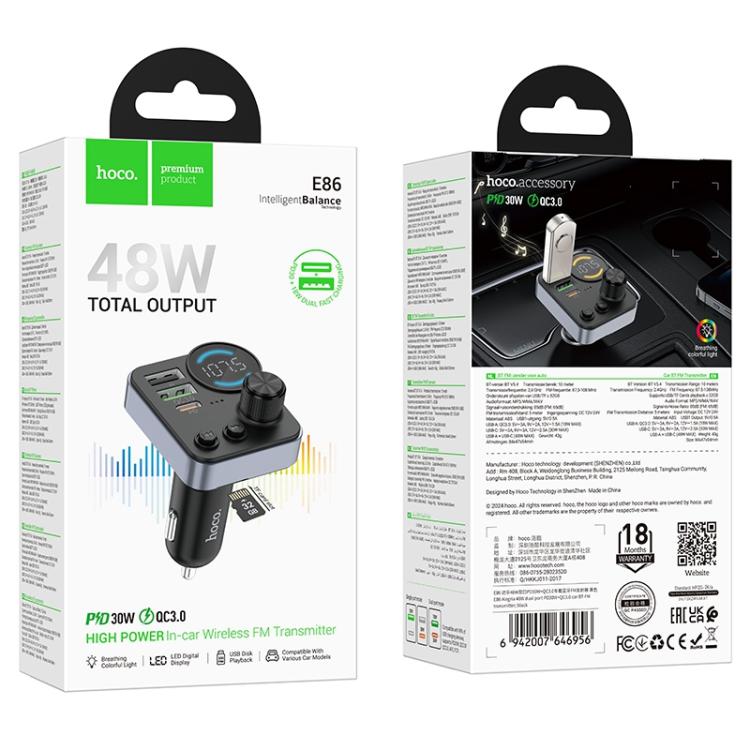 HOCO E86 Alegria 48W Dual port PD30W+QC3.0 car BT FM transmitter