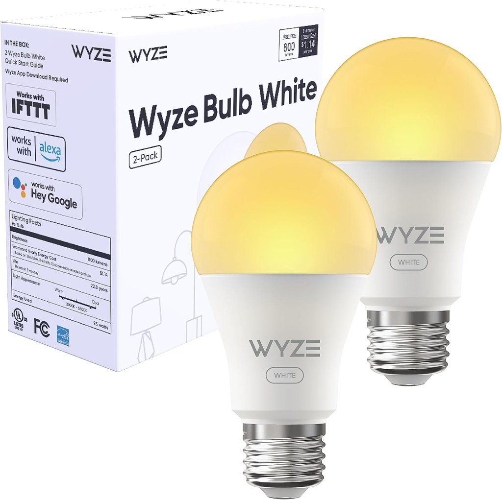 WYZE Bulb White, 800 Lumen, 90+CRI WiFi Tunable-White A19 Smart Light Bulb