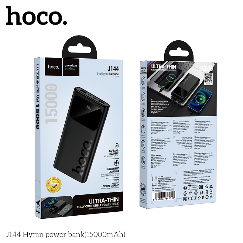 HOCO J144 15000mAh Ultra-Thin Power Bank - Black