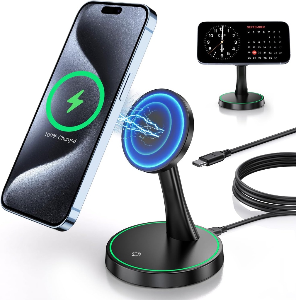 Magnetic 15W Wireless Charger Stand with Sleep-Friendly Light for AirPods