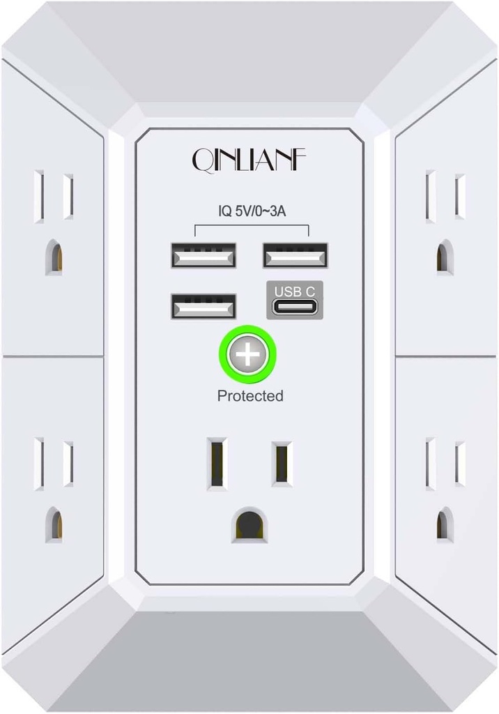 QINLIANF 5 Outlet Power Wall Outlet Extender with 4 USB Charging Ports