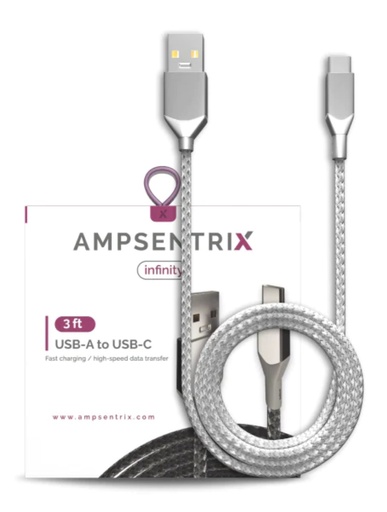 [107085008710] AmpSentrix USB-C to USB-A Cbl 3ft Silver