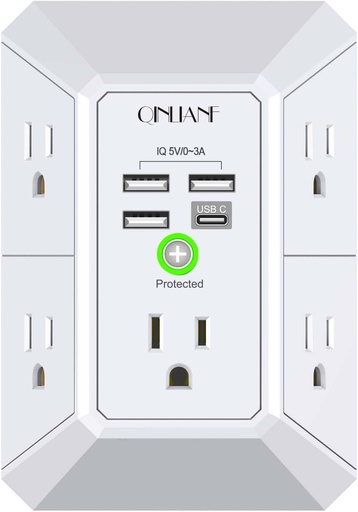 [HR-519D] QINLIANF 5 Outlet Power Wall Outlet Extender with 4 USB Charging Ports