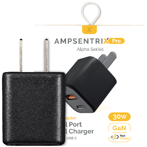 [107083546594] AmpSentrix Pro 30W Dual-Port Wall Charger (USB-C + USB-A) - Black